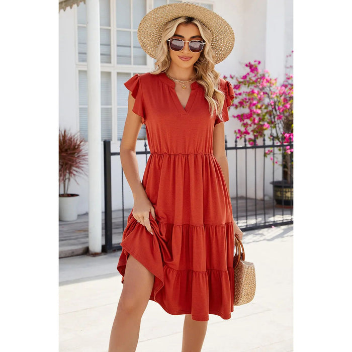 Ruched Notched Cap Sleeve Dress