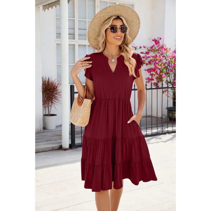 Ruched Notched Cap Sleeve Dress