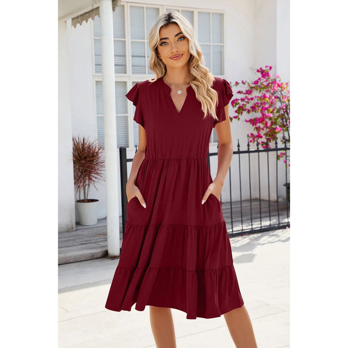 Ruched Notched Cap Sleeve Dress