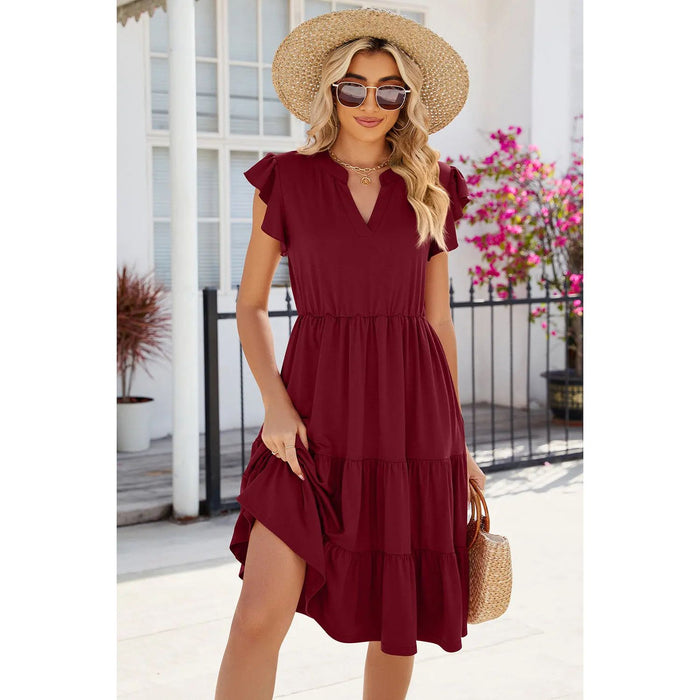 Ruched Notched Cap Sleeve Dress