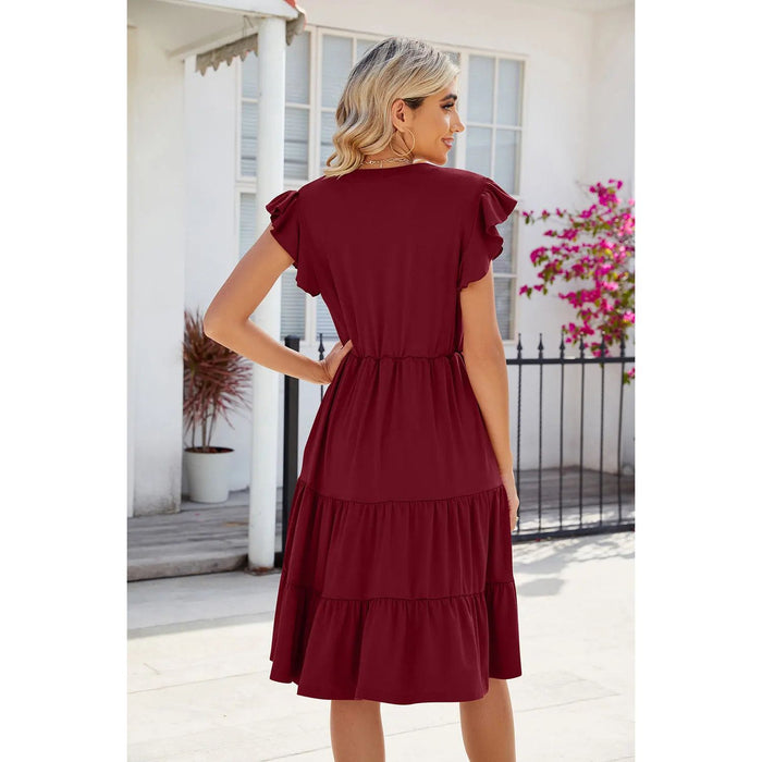 Ruched Notched Cap Sleeve Dress