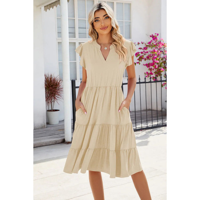 Ruched Notched Cap Sleeve Dress