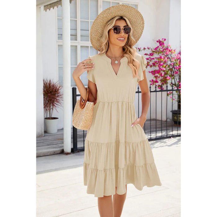 Ruched Notched Cap Sleeve Dress