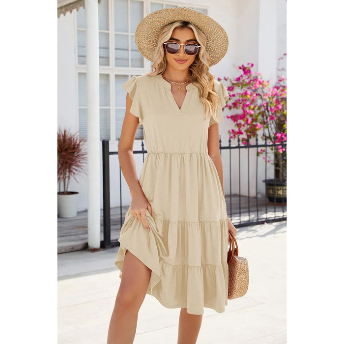 Ruched Notched Cap Sleeve Dress