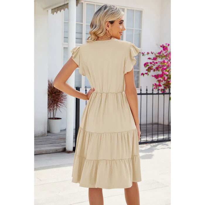 Ruched Notched Cap Sleeve Dress