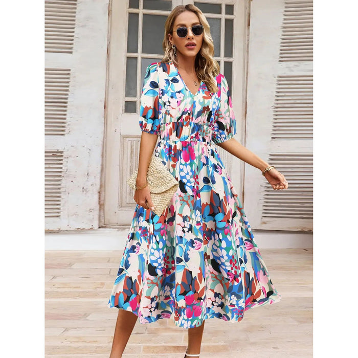 Ruched Printed Surplice Short Sleeve Dress