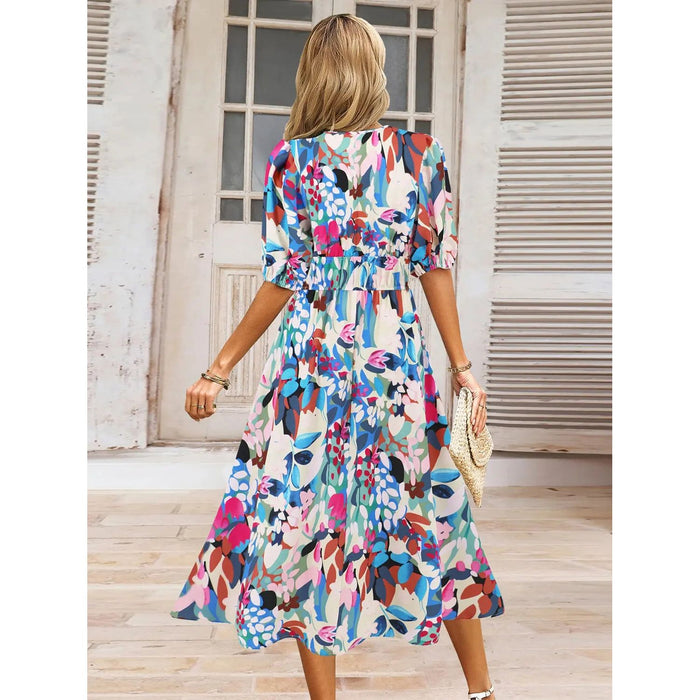 Ruched Printed Surplice Short Sleeve Dress