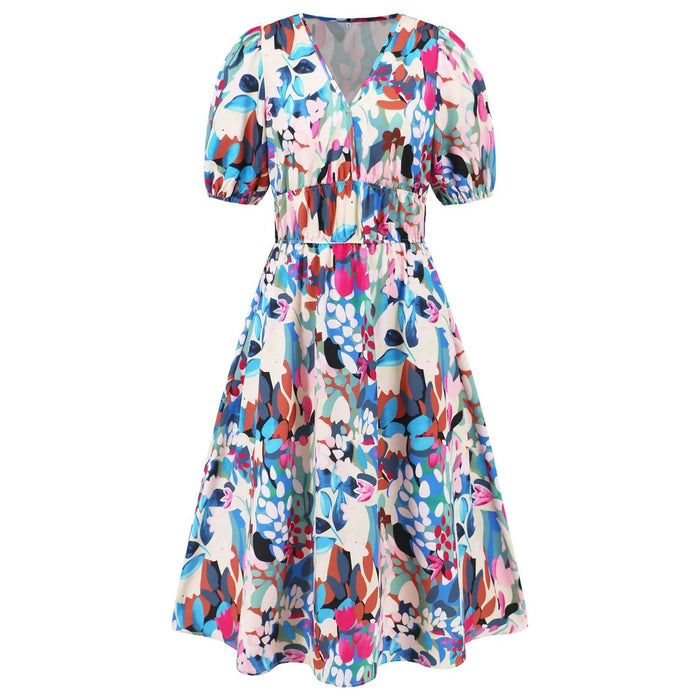 Ruched Printed Surplice Short Sleeve Dress