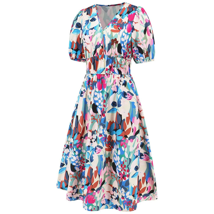 Ruched Printed Surplice Short Sleeve Dress