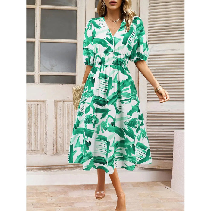 Ruched Printed Surplice Short Sleeve Dress