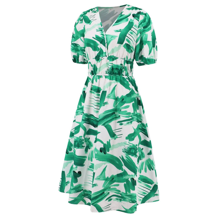 Ruched Printed Surplice Short Sleeve Dress