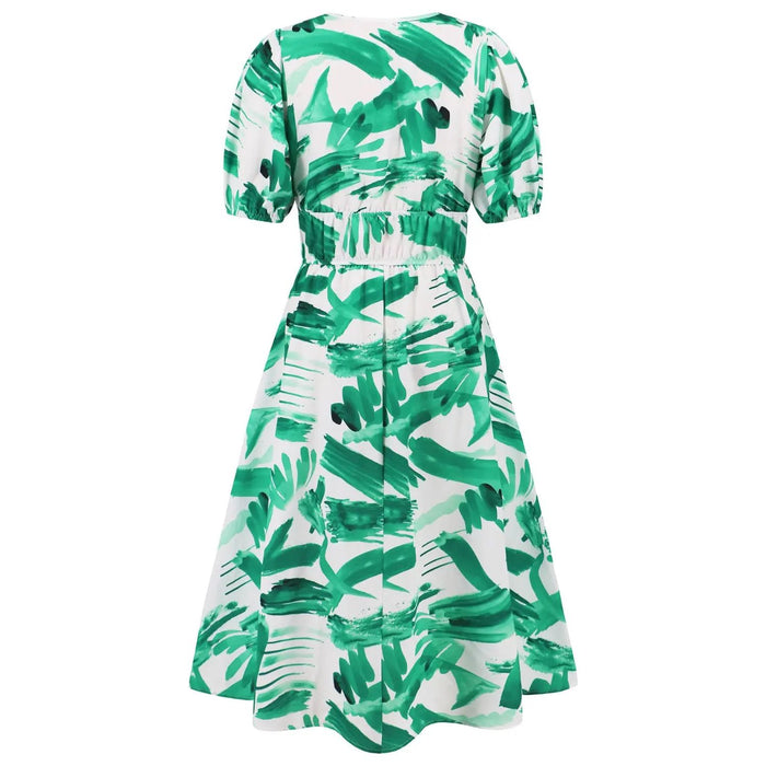 Ruched Printed Surplice Short Sleeve Dress