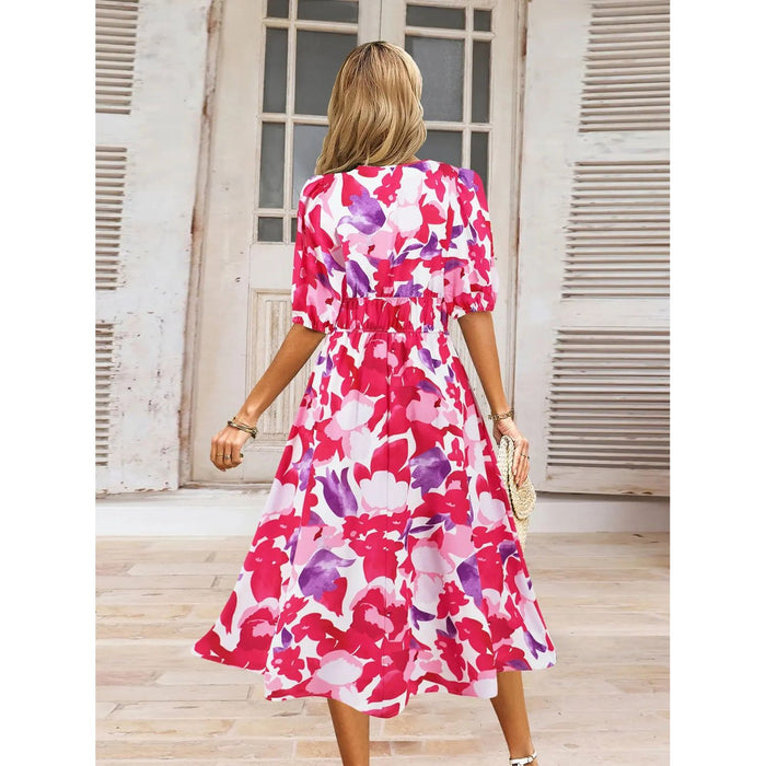 Ruched Printed Surplice Short Sleeve Dress