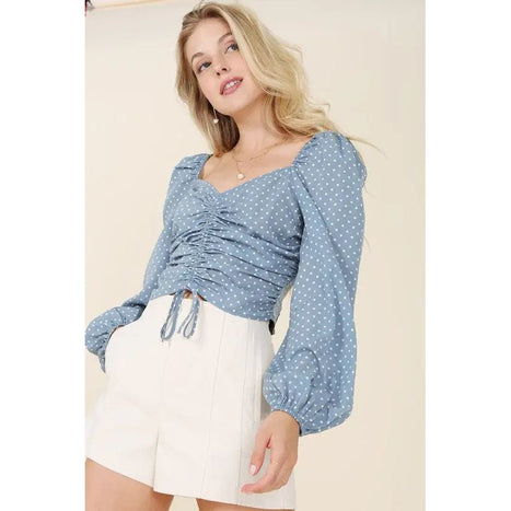 Lilou Ruched Polka Dot Crop Top With Puff Sleeves