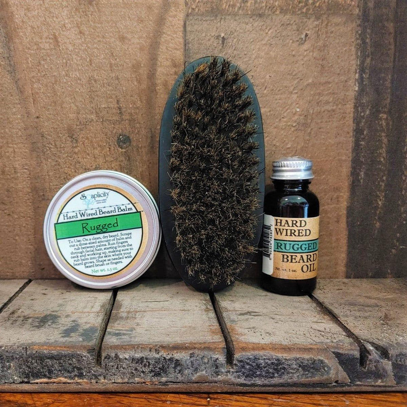 Soaplicity Beard-Pro Gift Set with Hard Wired Beard Oil, Balm, & Brush Bundles