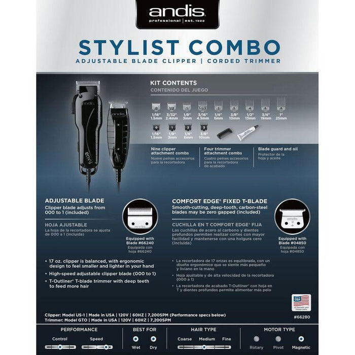 Andis Stylist Combo Clipper & Trimmer Black #66280 & Cordless Titanium Foil Shaver Ts-2 #17200, Black Fade Brush, Neck Duster, Forceone Razer, Flat Top Comb, Bottle Spray, Combo Set