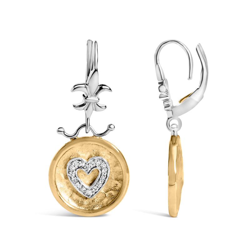 Bids.com 18K Yellow Gold Plated .925 Sterling Silver 1/8 Cttw Diamond Hammered Finished Medallion Heart Drop and Dangle Earrings (I-J Color, SI1-SI2 Clarity) Earrings