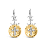 Bids.com 18K Yellow Gold Plated .925 Sterling Silver 1/8 Cttw Diamond Hammered Finished Medallion with Cross Drop and Dangle Earrings (I-J Color, SI1-SI2 Clarity) Earrings