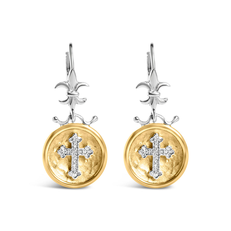 Bids.com 18K Yellow Gold Plated .925 Sterling Silver 1/8 Cttw Diamond Hammered Finished Medallion with Cross Drop and Dangle Earrings (I-J Color, SI1-SI2 Clarity) Earrings