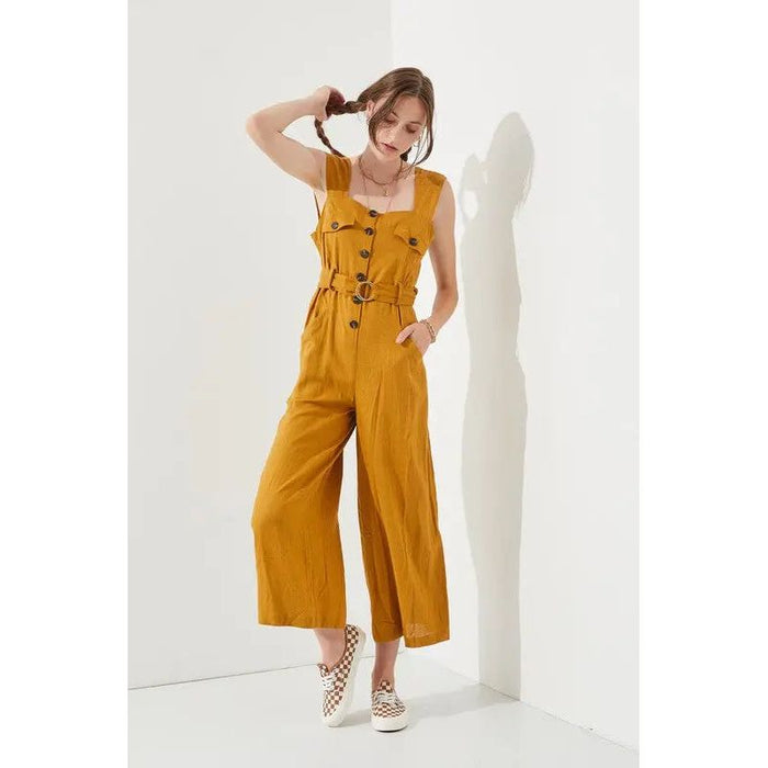 SLEEVELESS SQUARE NECK BUTTON DOWN ANKLE JUMPSUIT