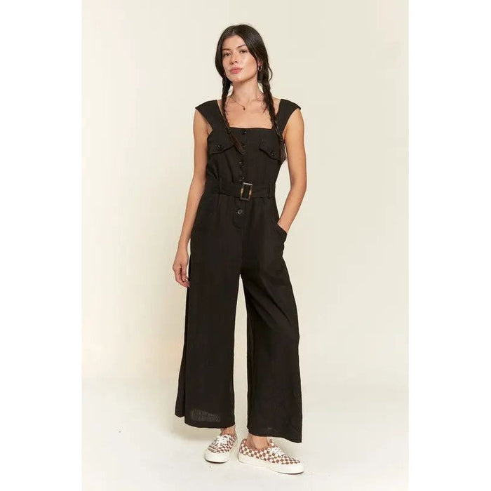 SLEEVELESS SQUARE NECK BUTTON DOWN ANKLE JUMPSUIT