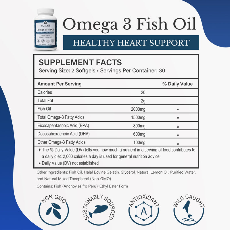 Salaam Nutritionals Halal Fish Oil 2000mg Omega-3 Soft Gels with EPA & DHA - 60 Count | Salaam Nutritionals