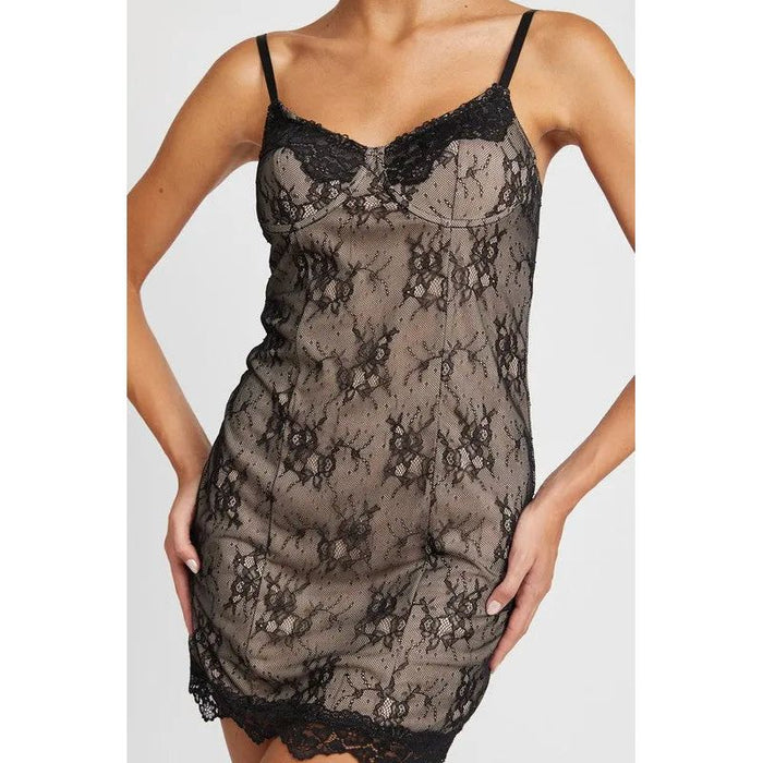 SPAGHETTI STRAP MINI LACE DRESS