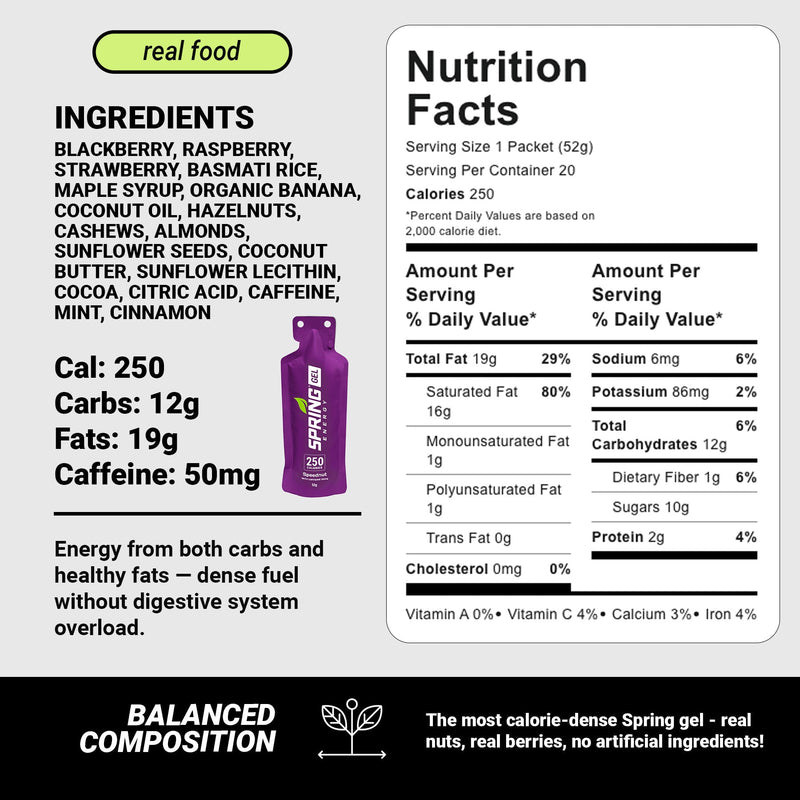 myspringenergy Nuts And Berries with 50 mg Caffeine (Vegan) 250 Kcal- Speednut Gel Lavender 1 qty,20 pack
