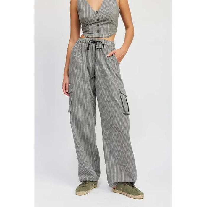 STRIPED CARGO PANTS WITH WAIST DRAWSTRING