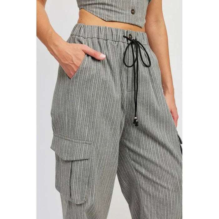 STRIPED CARGO PANTS WITH WAIST DRAWSTRING