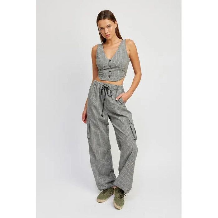 STRIPED CARGO PANTS WITH WAIST DRAWSTRING