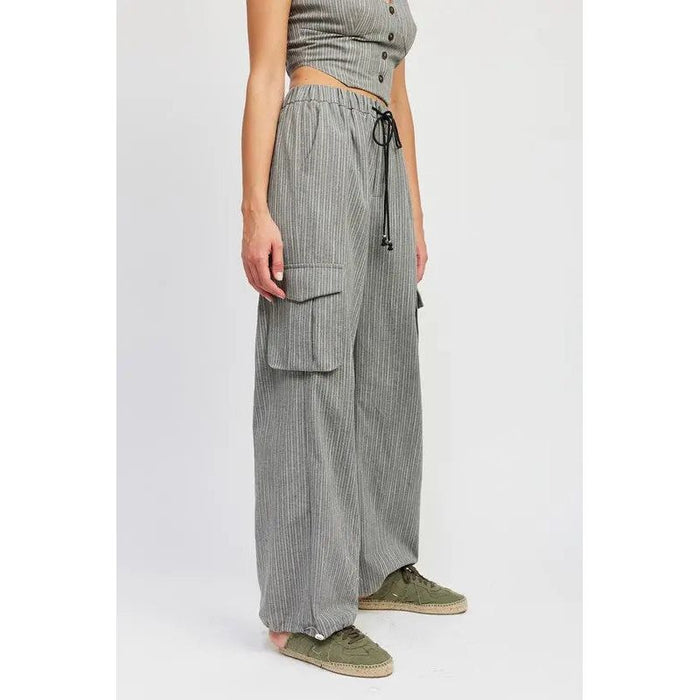 STRIPED CARGO PANTS WITH WAIST DRAWSTRING