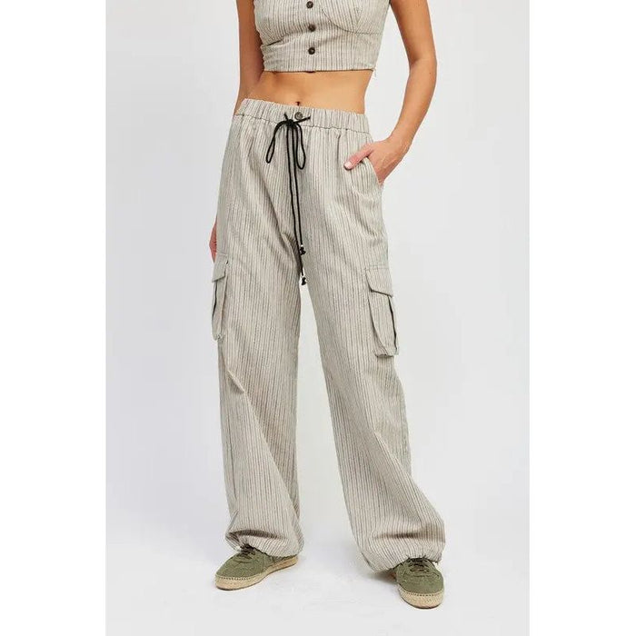 STRIPED CARGO PANTS WITH WAIST DRAWSTRING