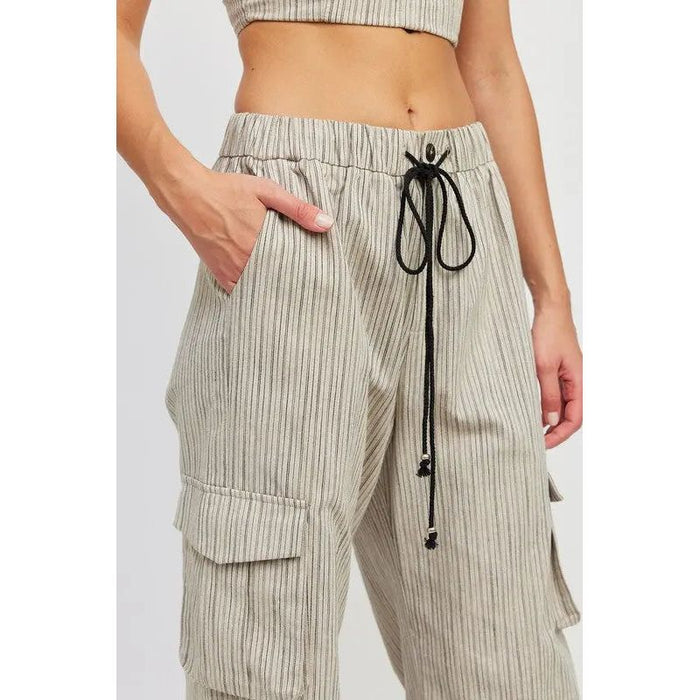 STRIPED CARGO PANTS WITH WAIST DRAWSTRING