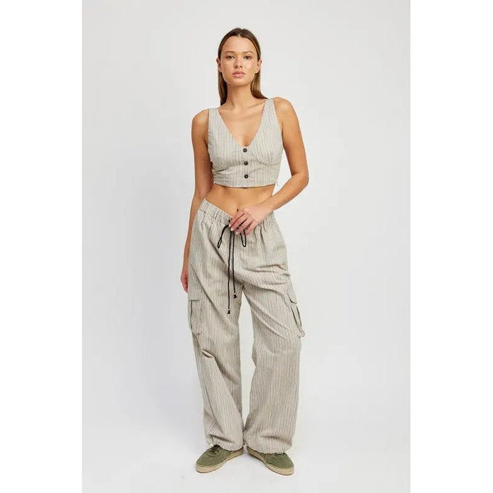 STRIPED CARGO PANTS WITH WAIST DRAWSTRING