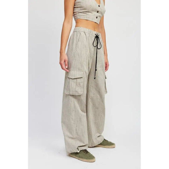 STRIPED CARGO PANTS WITH WAIST DRAWSTRING