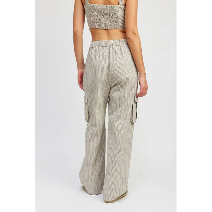 STRIPED CARGO PANTS WITH WAIST DRAWSTRING