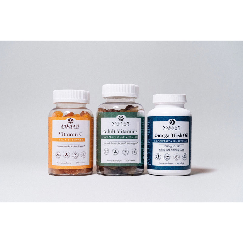 Salaam Nutritionals Halal Adult Immunity Booster Bundle – Multivitamin, Vitamin C, and Fish Oil