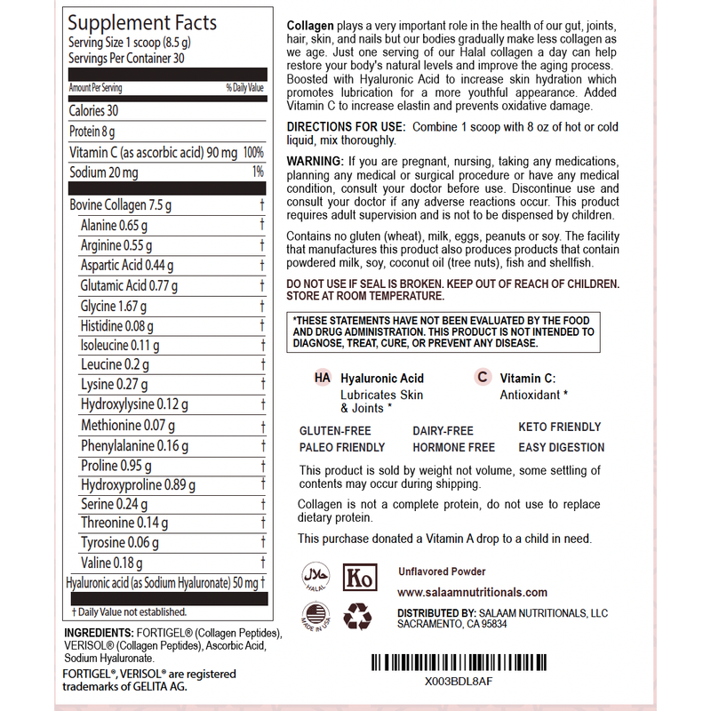 Salaam Nutritionals Pure Halal Collagen Hydrolyzed Peptides Type 1 & 3 Powder - With Vitamin C & Hyaluronic Acid | Salaam Nutritionals