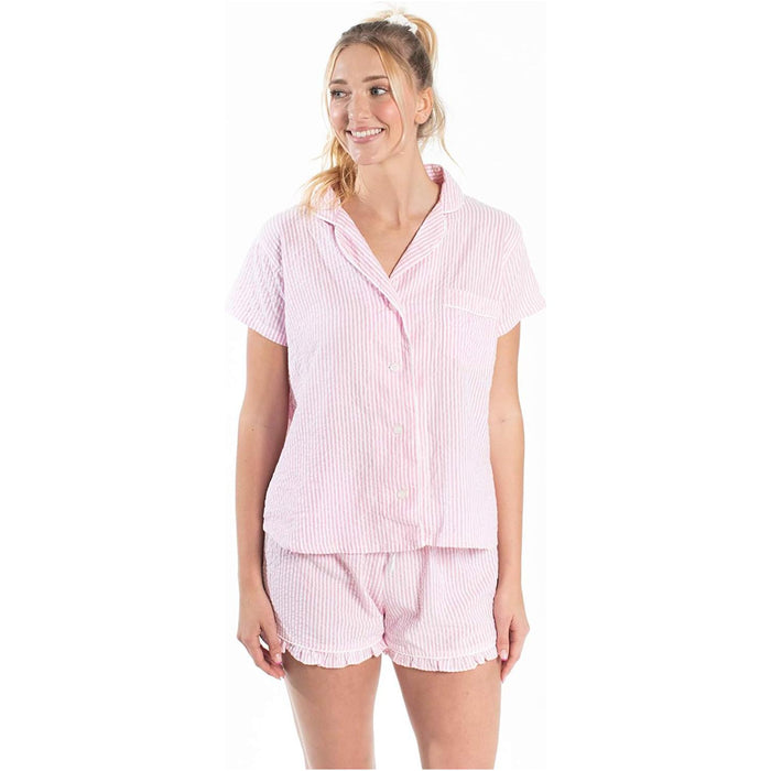 Seersucker Pajamas Short Set in Pink | Button Top and Shorts Sleepwear [Available in Large Only]