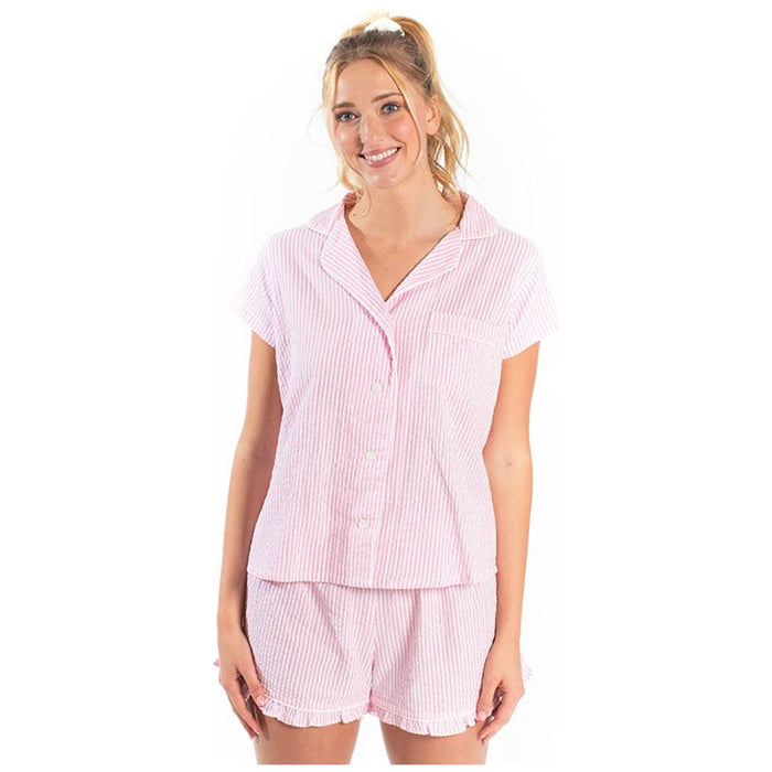 Seersucker Pajamas Short Set in Pink | Button Top and Shorts Sleepwear [Available in Large Only]