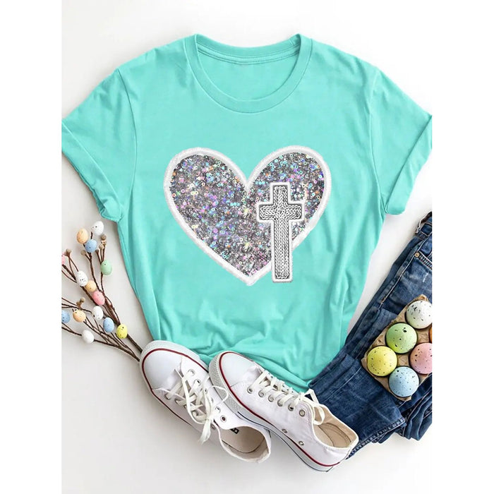 Sequin Heart Round Neck Short Sleeve T-Shirt