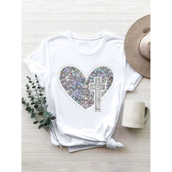 Sequin Heart Round Neck Short Sleeve T-Shirt