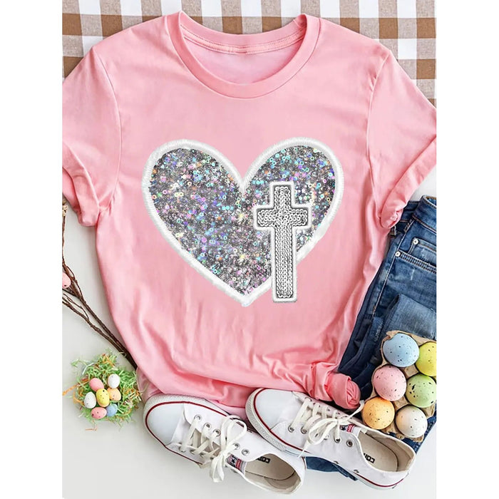 Sequin Heart Round Neck Short Sleeve T-Shirt