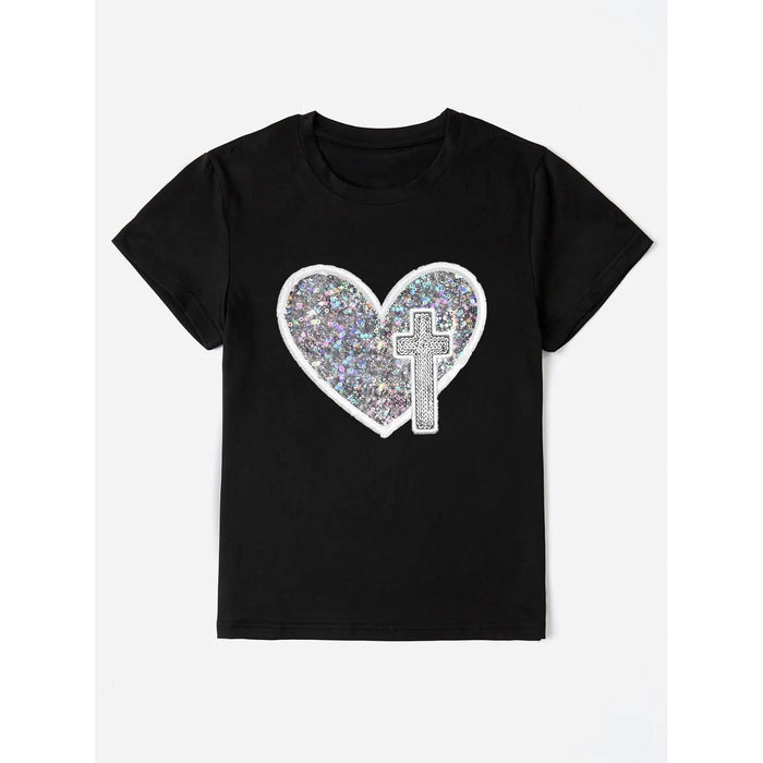 Sequin Heart Round Neck Short Sleeve T-Shirt