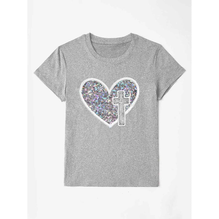 Sequin Heart Round Neck Short Sleeve T-Shirt