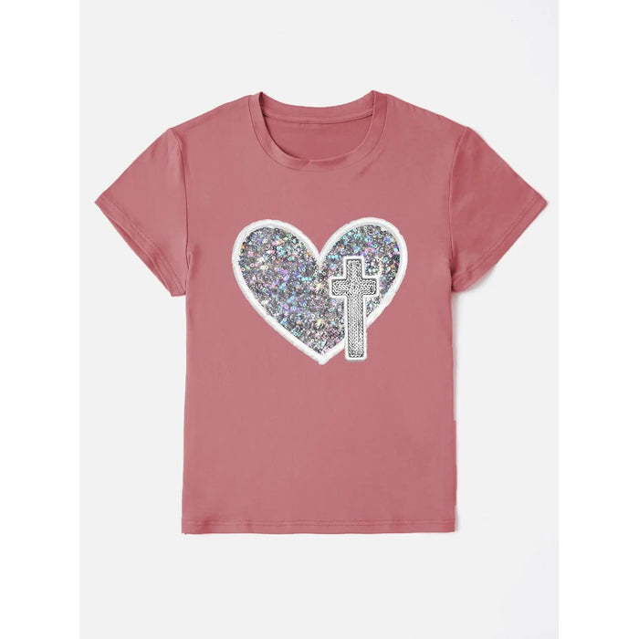 Sequin Heart Round Neck Short Sleeve T-Shirt