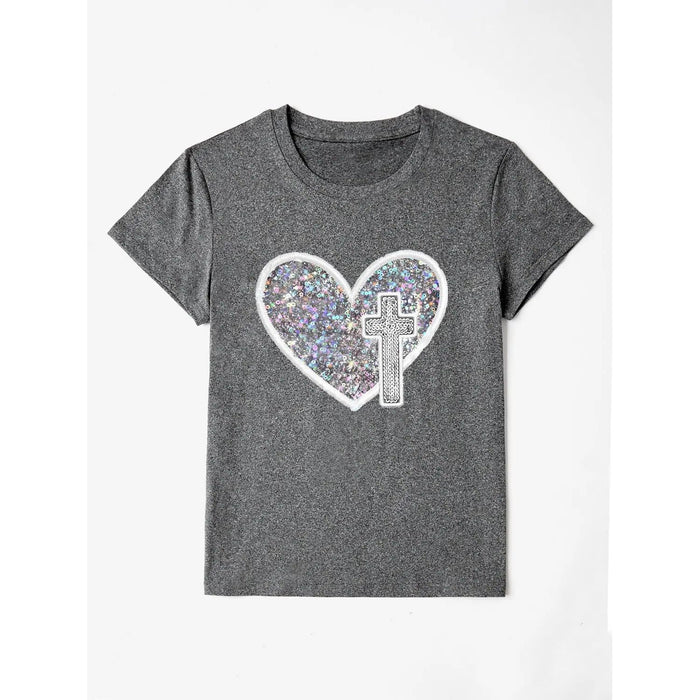 Sequin Heart Round Neck Short Sleeve T-Shirt