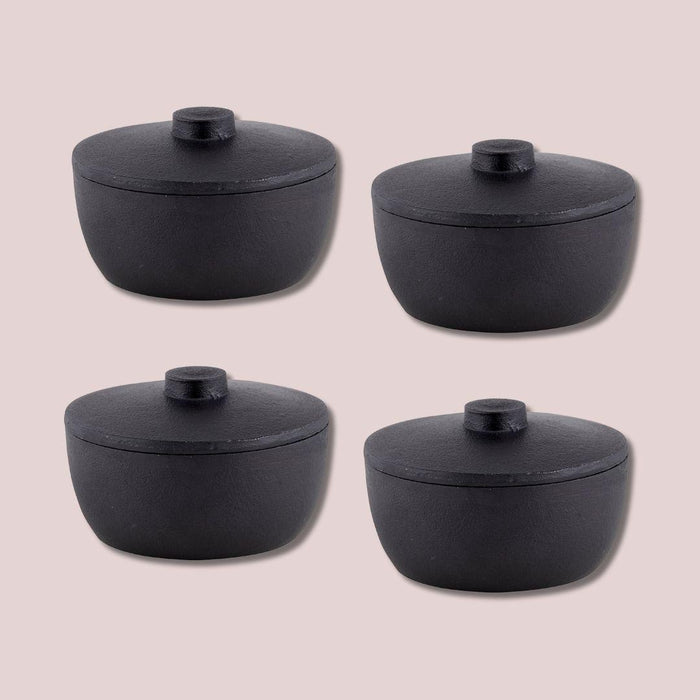 The Bullish Store Set Of 4 Cast Iron Mini Pots With Lids In Black | Rustic Round Petite Bowl Set 4.5" X 3" Each