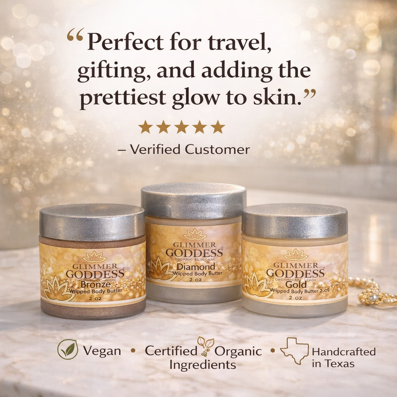 Glimmer Goddess® Organic Skin Care Organic Shimmering Body Butter Trio – 3 x 2 oz Travel Set Shimmer